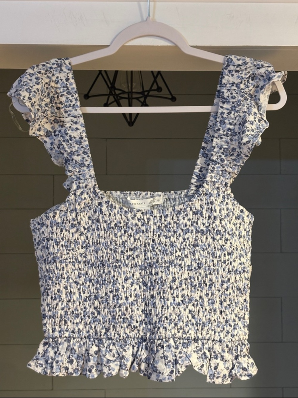 Altar'd State Blue and White Smocked Floral Ruffle Crop Top